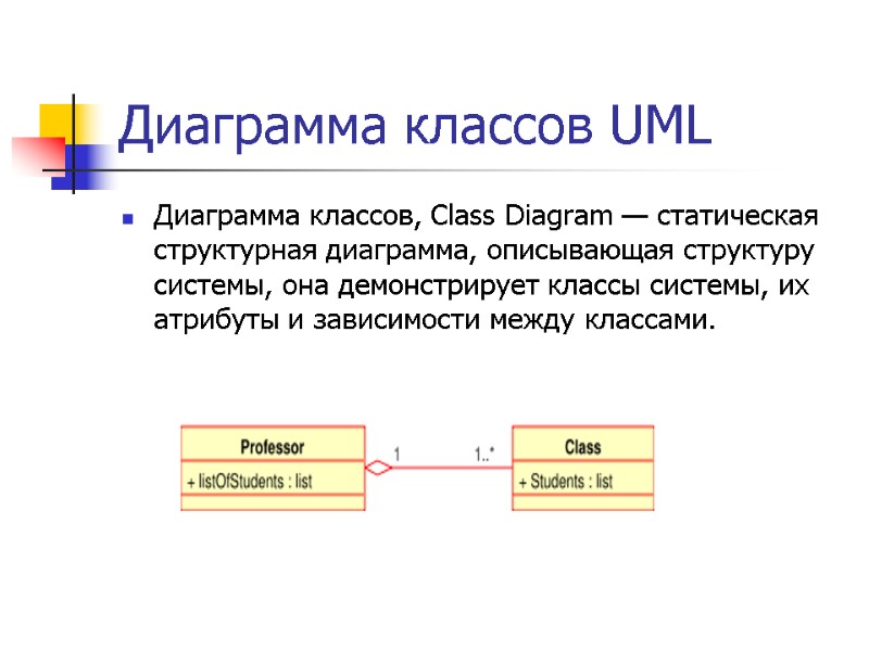 Диаграмма классов UML Диаграмма классов, Class Diagram — статическая структурная диаграмма, описывающая структуру системы,
